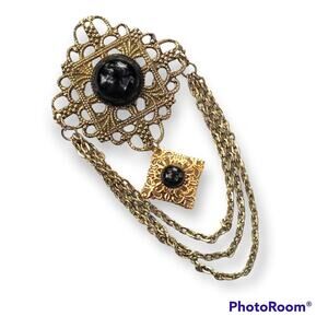 Ornate chain drop mixed materials brooch/pin